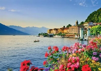 Lakeside Italian town and mountains